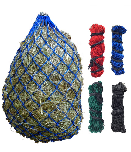 Large Haynet with small mesh holes. Large ring at the bottom and small rings at the top to help with closing. Robust strong top rope to tie