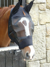 Load image into Gallery viewer, Black, White &amp; Zebra Print Padded Mesh Fly Mask Hood with Ears - Pony / Cob / Full / X-Full